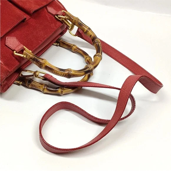 Gucci Red Suede and Leather Handbag with Bamboo Handle - Picture 4 of 9